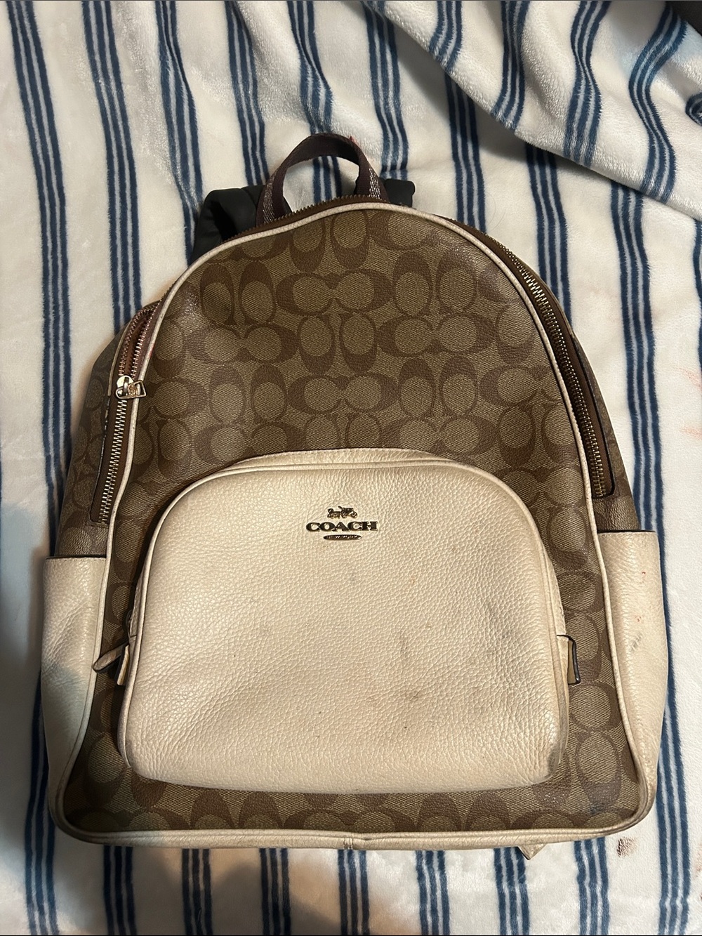 Coach Brown Signature Canvas Backpack with Cream Leather Pocket